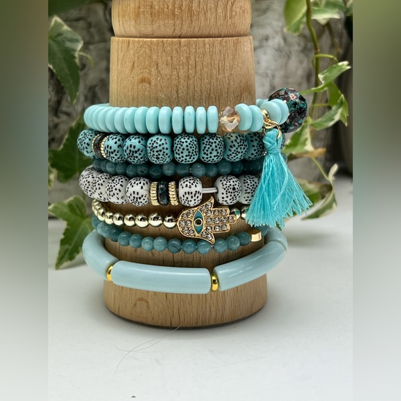 Blue Boho Chic Bead Bracelet Set - Trendy Stylish Stacked Bracelet Set - Picture 3 of 14